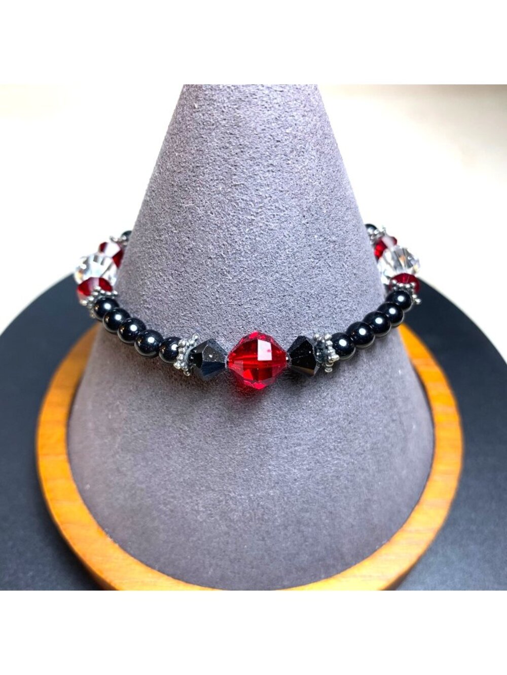 Crystal & Black Onyx Beaded Bracelet w/ Sterling Silver 925 Clasp 6.5" Long